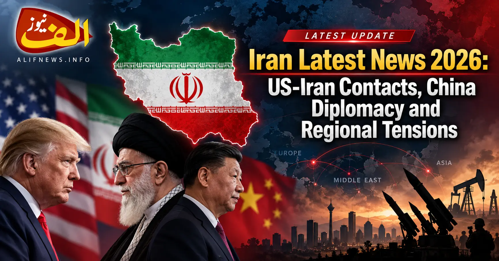Iran Latest News 2026 featuring US-Iran contacts, China diplomacy, regional tensions, Iranian flag, Donald Trump, Ayatollah Khamenei and Xi Jinping Select 79 more words to run Humanizer.