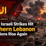 Deadly Israeli strikes hit Southern Lebanon as tensions rise again, with smoke, damaged buildings, and the Lebanese flag shown in a breaking news graphic.