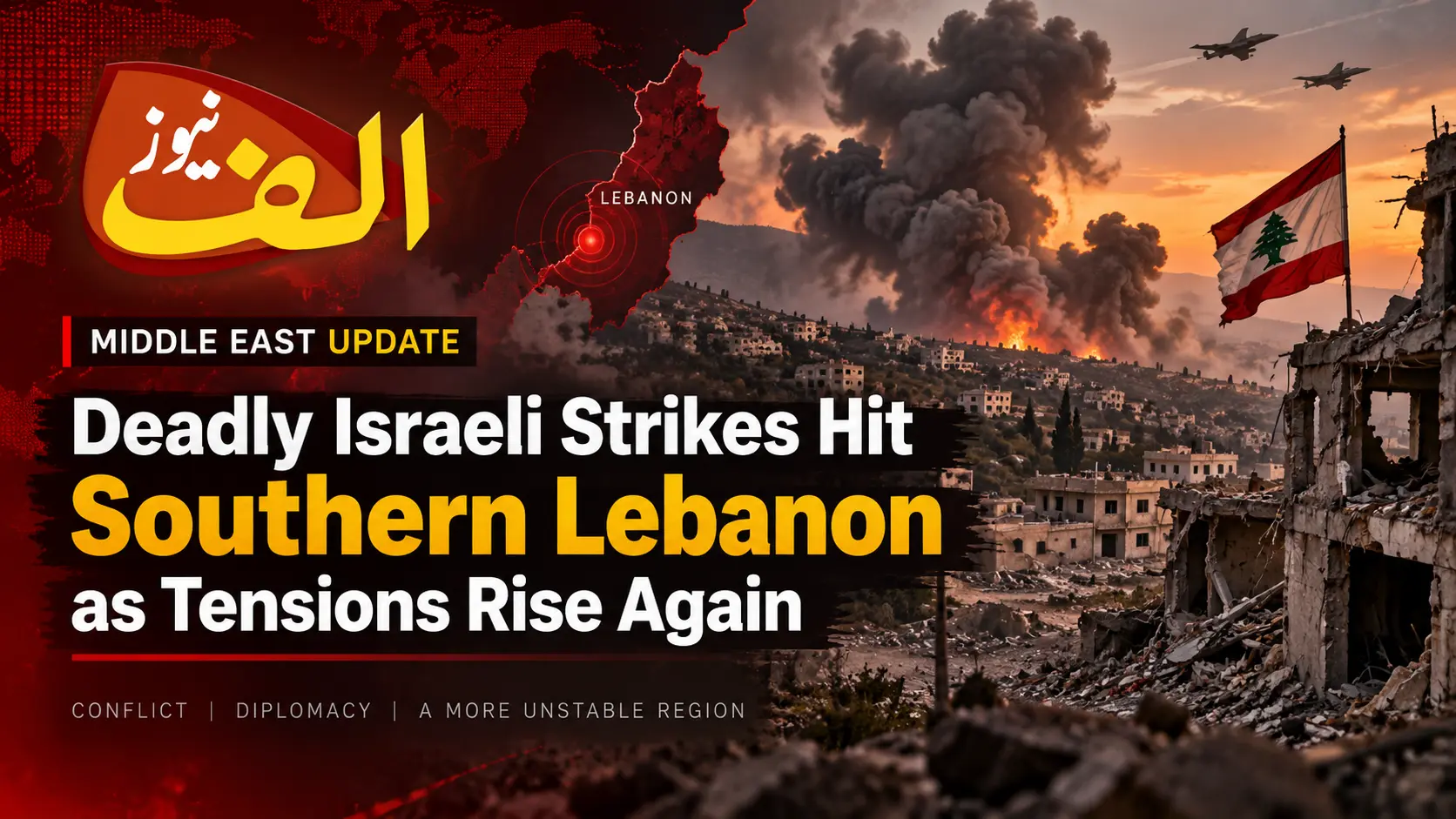 Deadly Israeli strikes hit Southern Lebanon as tensions rise again, with smoke, damaged buildings, and the Lebanese flag shown in a breaking news graphic.